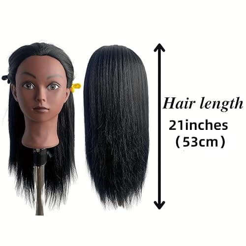 Yiifiulyn Black Mannequin Head with Hair for Braiding, Cosmetology Training Doll Head for Styling Practice - 21 Inches Layered Pre-streched Hair Manneuiqn Head with Stand thumbnail 6