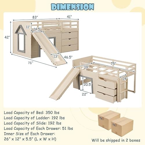 KOMFOTT Twin Low Loft Bed with 3 Storage Drawers & Underneath House, Wood Loft Bed with Slide, Ladder, Guardrails & Under-Bed Play Space, Kids Twin Loft Bed for Girls & Boys, No Box Spring Needed thumbnail 2