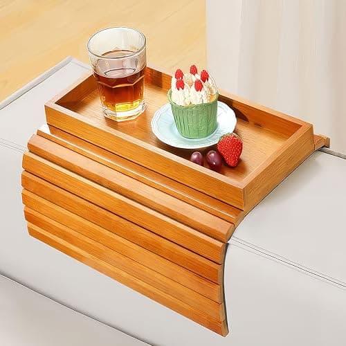 Kssiaz Couch Arm Tray, Bamboo Sofa Tray Table for Couch, Sofa Armrest Table, Anti-Slip Armrest Organizer, Foldable Couch Cup Holder for Snacks, Phone, Control, Cups, Light Brown - Image 1