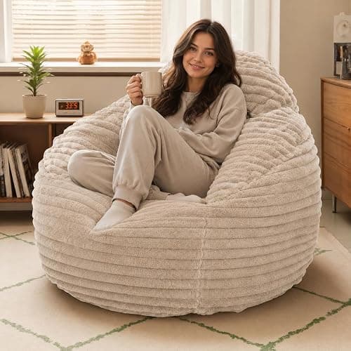 Simple Deluxe 3.25 ft Faux Fur Memory Foam Bean Bag Chair, Large Comfy Lazy Chair for Adult with Memory Foam Filled & Washable Cover, Perfect for Reading Gaming in Living Room Bedroom, Taupe - Image 1