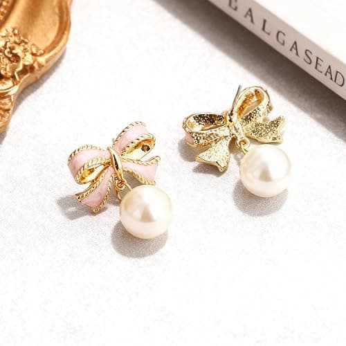 Bow Earrings for Women Trendy Stuff Cute Bow Pearl Drop Dangle Earrings Bowknot Stud Prom Wedding Party Daily Jewelry Accessory Gifts Pink Dress for Women thumbnail 4
