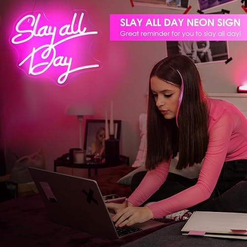 Teen Girl Gifts, Slay All Day Neon Sign Pink Aesthetic Slay LED Lights and USB Powered Bright Dimmable Funny Y2k Signs for Teenage Preppy Dorm Room Women Bedroom Downtown Coquette Room Wall Decors thumbnail 4