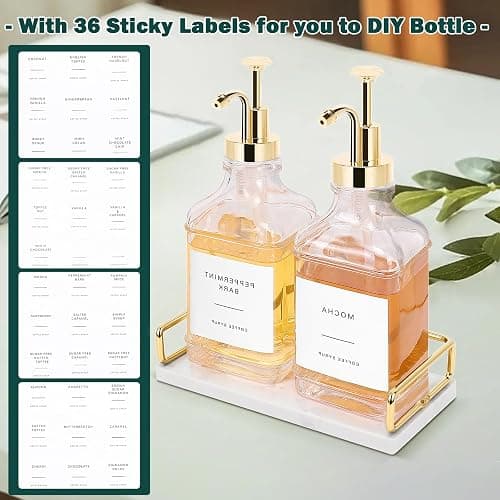 BathAce Coffee Syrup Dispenser for Coffee Bar, Clear Glass Syrup Bottles with Pump, Refillable Maple Syrup Storage, Coffee Station Accessories and Organizer, 500ml, Set of 2 + Tray (Gold) thumbnail 4