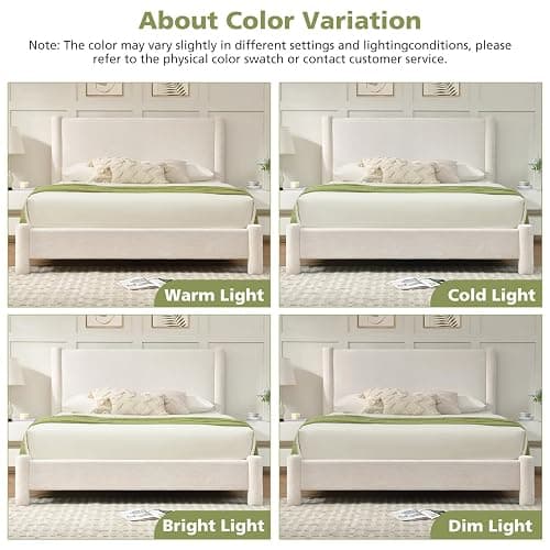 VELOCAVA Queen Size Upholstered Platform Bed Frame with Soft Rounded Corners, 44.88" Tall Headboard, Luxury Plush Velvet Upholstery, 11 Slats & 5 Center Legs, No Box Spring Needed, Cream White thumbnail 9