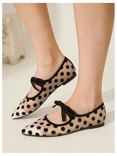 BEAUDRM Women's Polka Dots Mesh Ballet Flats Cute Lace Ballerina Flats | Closed Toe, Square Maryjane Flat, Dressy Casual Work Shoes, Leopard, Lace, Floral, Wedding thumbnail 5