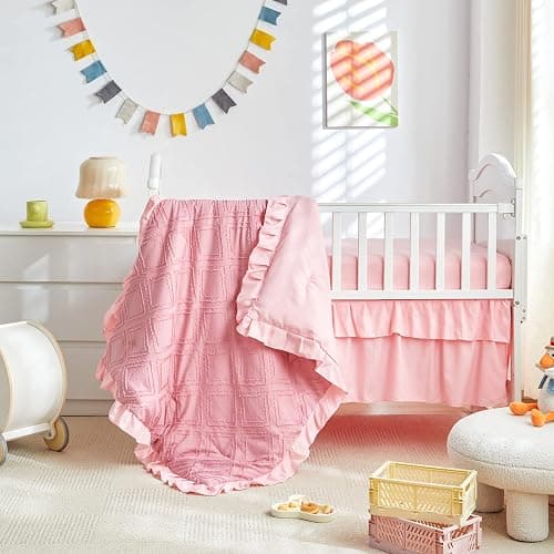 Mini Crib Bedding Set 3 Pieces Baby Boho Quilted Tufted Ruffles Comforter with Fitted Sheet and Ruffled Bed Skirt - Cute Shabby Baby Bedding Fits Mini Crib Only Pink thumbnail 2