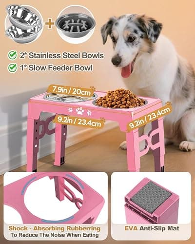Jovrun Elevated Dog Bowls, Dog Feeder with Stainless Steel Dishes & Slow Feeder Bowl, 5 Heights Adjustable Raised Stand for Medium Large, Food Dishes with Non-Slip Feet thumbnail 3