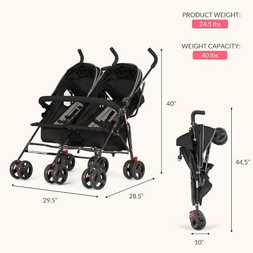 Dream On Me Volgo Side-by-Side Twin Umbrella Toddler Stroller, Black | 5 Point Safety Harness, Smooth Swivel Wheels, Lightweight, Adjustable Double Canopy, Storage Basket, 40 Lb Limit Each Seat thumbnail 3