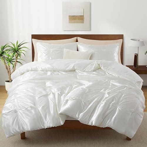 Lanest Housing Full/Queen Size Satin Comforter Set Ivory White, 3 Pieces Soft and Lightweight Silk Bedding, All Season Fluffy Down Alternative Comforter Bed Set thumbnail 2