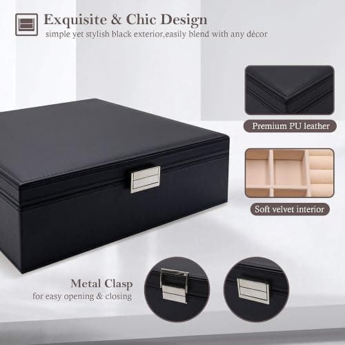 ProCase Jewelry Box for Women, 2 Layers Large Leather Jewelry Organizer Storage Case with Removable Pad for Earrings -Black thumbnail 6
