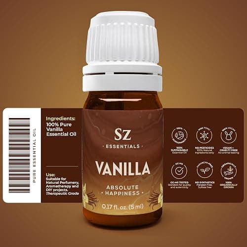 Sz Essentials Vanilla Essential Oil - Absolute Happiness - 100% Pure and Natural - Amazing Vanilla Scent! - Undiluted - 5ml (0.17 fl oz) thumbnail 2