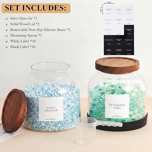 2 Pack Glass Laundry Pods Container with 30 Labels, Scoop, Base, 0.5 Gallon | Glass Laundry Detergent Container, Laundry Powder Canister Set for Detergent Pods, Powder and Laundry Room Organization thumbnail 4