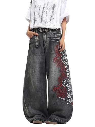 DFGIGT Men's Hip Hop Baggy Jeans Embroidered Wide Leg Skater Jeans Loose Fit Denim Pants Streetwear - Image 1