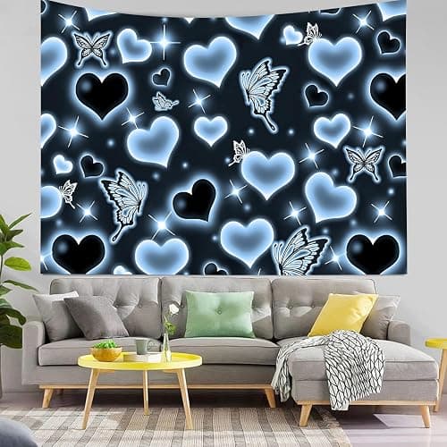 MEETSIOY Cute Black Blue Heart Tapestry Fantasy Blue Butterfly Aesthetic Tapestry Hippie 2000s Y2K Teen Girls Tapestries Wall Hanging for Women Nursery Bedroom Living Room Bedroom College Dorm thumbnail 4