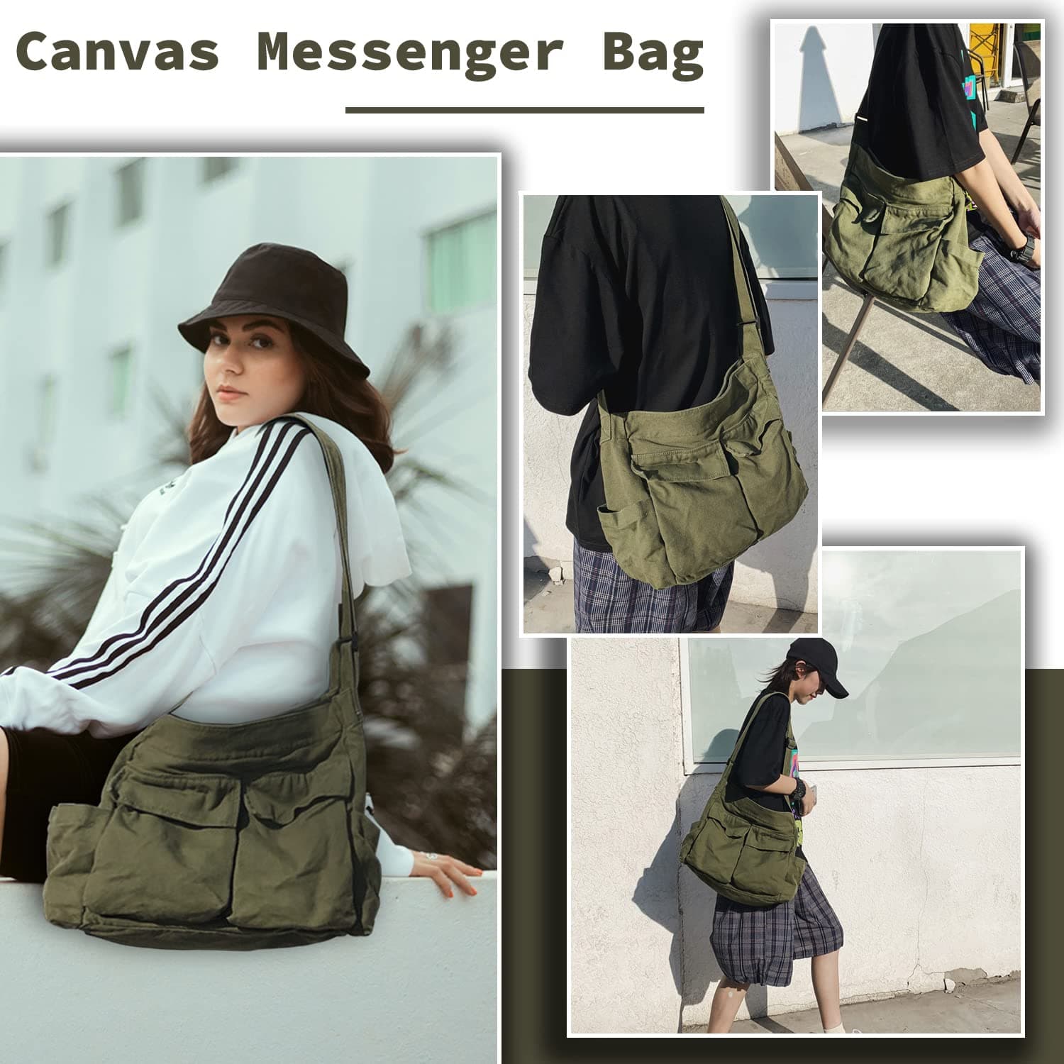 Canvas Messenger Bag Large Hobo Crossbody Bag with Multiple Pockets Casual Shoulder Tote Bag for Women and Men thumbnail 2