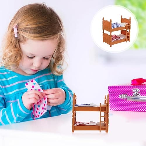 Dollhouse Bunk Bed Bunkbeds, 1:12 Scale Miniature Bed, Doll House Bedroom Furniture, Mini Double Doll House Ornament with Ladder, Pillows and Quilts, Dollhouse Accessories Miniature Scene DIY Kit thumbnail 2
