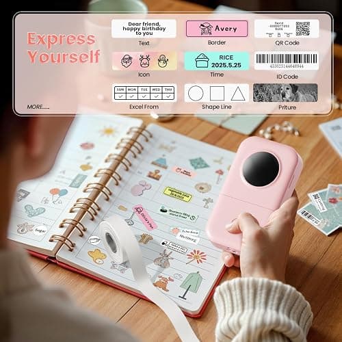 Phomemo D30 Label Maker Machine with 3 Tapes - White Clear Gold Labels, Portable Handheld Bluetooth Mini Label Maker Printer, Multiple Templates for Smartphone Thermal Small Label Printer Rechargeable - Pink - 1 Printer + 3 Roll Papers thumbnail 3