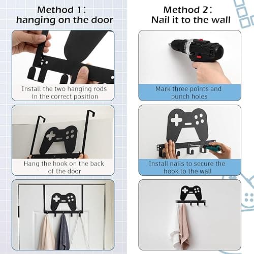Reallnaive Game Over The Door Hooks Gamer Bathroom Decor Gamepad Hanger Wall Mount Rack Holder for Towel, Hat, Coat, Cloth, Keychain, Bag, Teen Boy Room Gift Decor thumbnail 4
