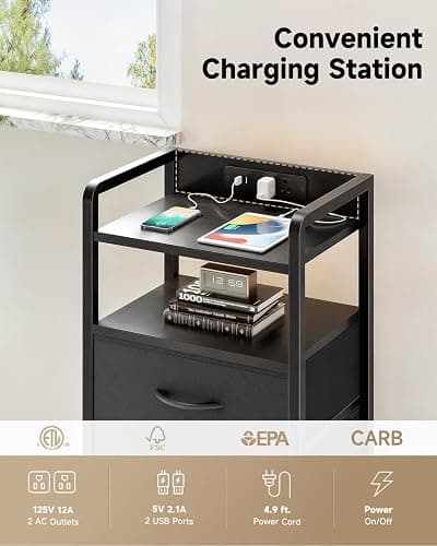 Lazzanto Night Stand Bedside Charger Bedroom - Nightstand with Charging Station & LED Light Strip, Night Stand with Storage Shelf & 2 Fabric Drawers, Morden End Table with U-S-B Ports & AC Outlets thumbnail 5