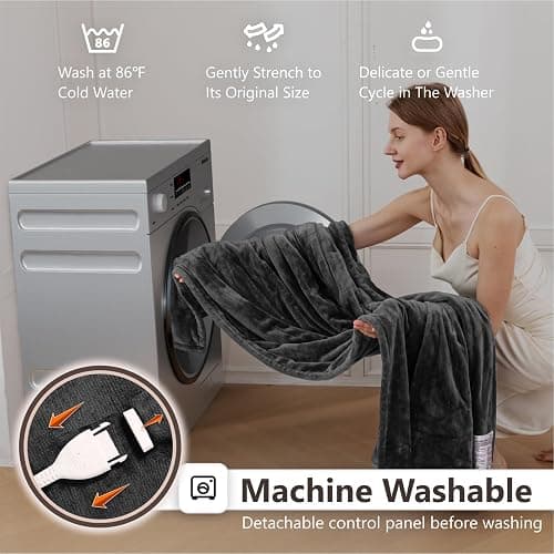 Wapaneus Heated Blanket Electric Throw 72" x 84" Full Size with 10 Heating Levels 12 Hours Time Setings and Auto-Shut Off, Flannel Fast-Heating Electric Blanket, Dark Grey thumbnail 6