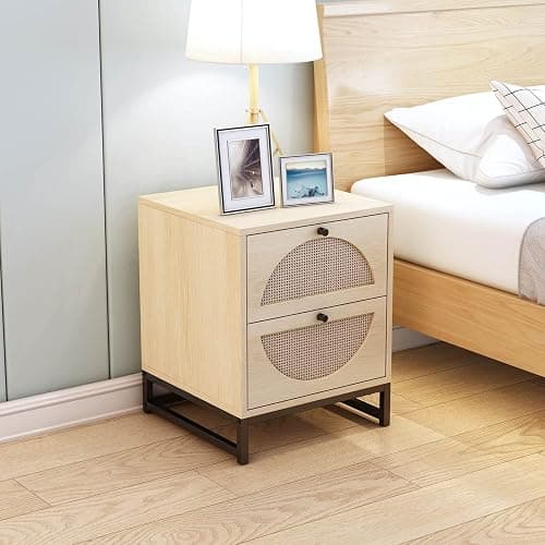 AWQM Rattan Nightstand Set of 2,Farmhouse End Table Set of 2,Wood Sofa Side Table,Accent Table with Storage, Bedside Table Accent Storage Cabinet for Bedroom Living Room,Metal Legs,Beige (W68837255) thumbnail 7