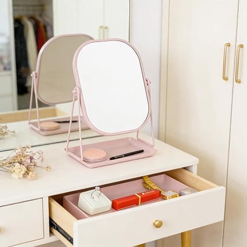 Tstarer Rotating Metal Makeup Mirror with Storage (Pink) | Vanity Mirror for Desk, Bathroom, Bedroom, Dressing Table thumbnail 2