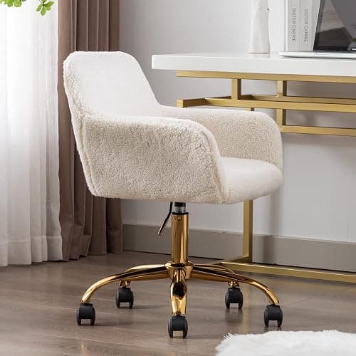 KCC Faux Fur Office Desk Chair, Comfy Swivel Armchair with Wheels, Upholstered Fuzzy Vanity Chair, Adjustable Height, White thumbnail 9
