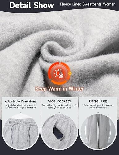 HeSaYep Women's Fleece Lined Sweatpants Barrel Leg Baggy Sweat Pants Winter Thermal Cotton Pants with Pockets thumbnail 2
