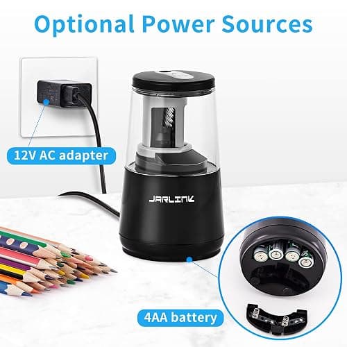 JARLINK Electric Pencil Sharpener, Heavy-Duty Helical Blade to Fast Sharpen, Auto Stop for No.2/Colored Pencils(6-8mm), AC Adapter/Battery Operated in School Classroom/Office/Home (Black) thumbnail 5