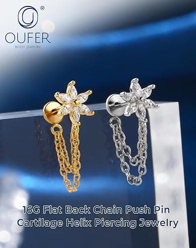 OUFER Flowers Helix Stud Dangly Chains Conch Tragus Piercing Jewellery 16G 6mm Threadless Forward Helix Jewelry Gold Silver Flat Back Cartilage Earrings Stud for Women thumbnail 6