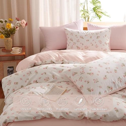 Erwinmu Floral Comforter Set Queen Size Pink Bedding Sets for All Season | Pink White Floral Comforter 3 Pieces,Reversible Queen Bed in a Bag,Flowers Coquette Aesthetic Comforter and 2 Pillowcases thumbnail 3