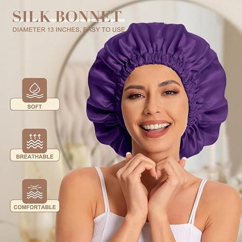 Satin Bonnet Silk Bonnet Hair Bonnet for Sleeping-Slouchy Beanie Hat Satin Sleep Cap for Women's Natural & Curly Hair(Blue Zircon&Purple) thumbnail 3