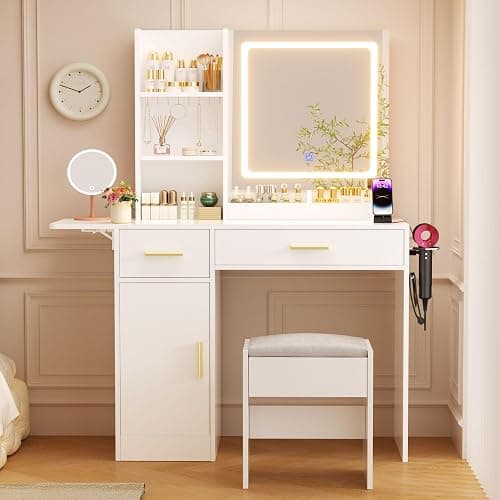 ERLEJIA Vanity Desk with Mirror and Lights & Extral Foldable Desk, 43.3" Makeup Vanity Table with Stool and Plug Outlet, 5 Drawers and 3 Open Shelves Dressing Table for Bedroom, White thumbnail 8