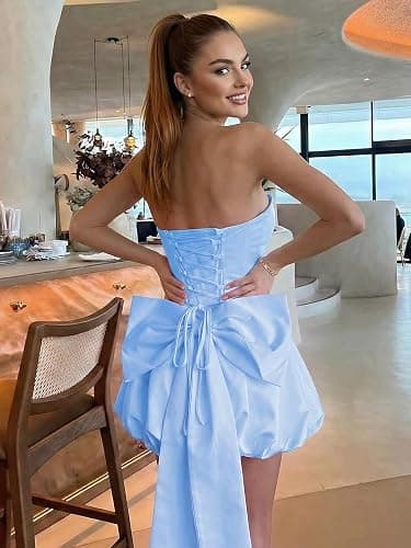 Rosegalette Womens Strapsless Bubble Mini Dress Back Lace Up Cute Bow Tie Cocktail Party Homecoming Prom Dresses thumbnail 3