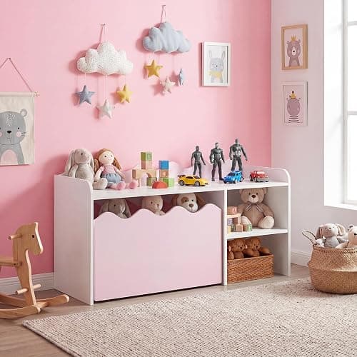 COSTWAY Kids Bookcase, Toy Organizer with Movable Drawer (Pink+White) | Flip-up Top, 4 Universal Wheels & Anti-toppling Kit, Wooden Children Bookshelf for Playroom, Daycare, Nursery thumbnail 8