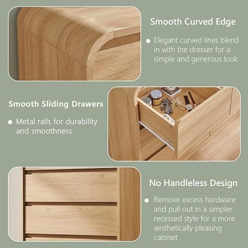 Aitjunz Modern 5 Drawers Dresser for Bedroom, 45" Tall Dresser, Natural Oak | Wooden Dressers & Chests of Drawers w/Curved Profile Design, Mid Century Vertical Dresser with Handleless Design for Bedroom thumbnail 5