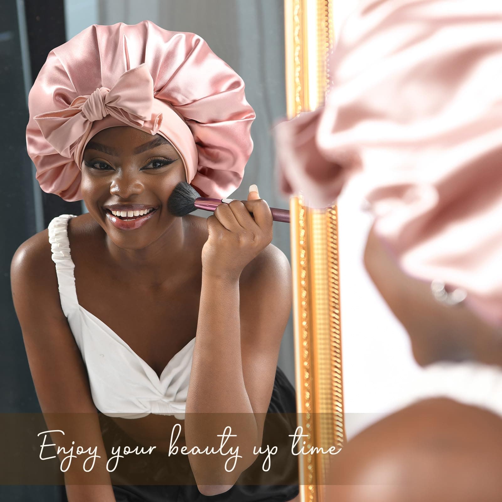 YANIBEST Satin Bonnet Silk Bonnet for Sleeping Hair Bonnet with Tie Band Head Wrap Bonnets for Black Women Curly Natural Hair, Blush Pink, Large thumbnail 4