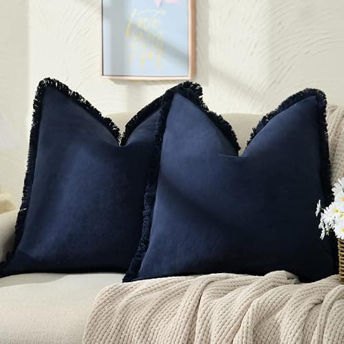 ZWJD Pillow Covers 18x18 Set of 2 Navy Throw Pillow Covers with Fringe Chic Cotton Decorative Pillows Square Cushion Covers for Sofa Couch Bed Living Room Farmhouse Boho Decor - Image 1