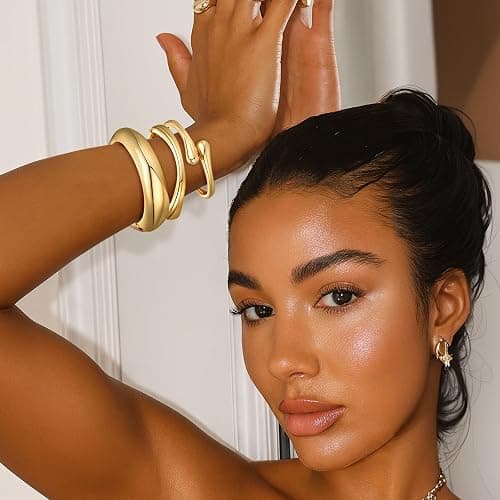 Chunky Gold Bangle Bracelets for Women Trendy 14K Gold Plated Cuff Bracelets Stack, Dainty Gold Bracelet Sets Non Tarnish Fashion Jewelry Gift thumbnail 3