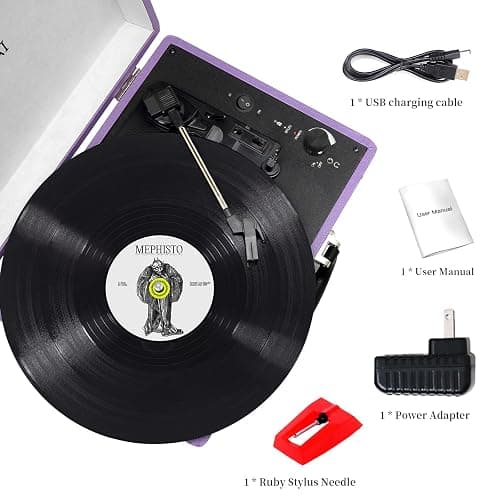 JORLAI Record Player 3 Speed Vinyl with Bluetooth Vintage Turntable Built in Battery Portable Suitcase Support Aux in RCA Line Out Headphone Jack Purple thumbnail 7