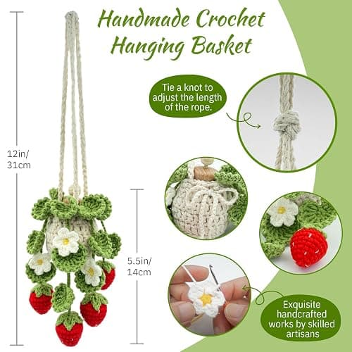 Crochet Car Air Freshener, 15ml Empty Refillable Oil Diffuser Bottle with Hanging Crochet Strawberry Plant for Car Rearview Mirror Air Freshener Diffuser for Home, and Office Decor thumbnail 3