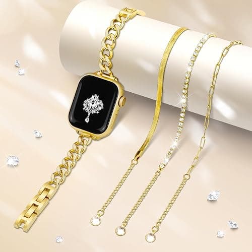 Slim Golden Band and 3Pcs 14k Golden Bracelet Set Women Feminine Elegant Compatible with Apple Watch 38/40/41/42mm(S10/11) Adjustable Metal Dressy Strap for iWatch Series 11/10/9/8/7/6/5/4/SE/3/2/1 thumbnail 6