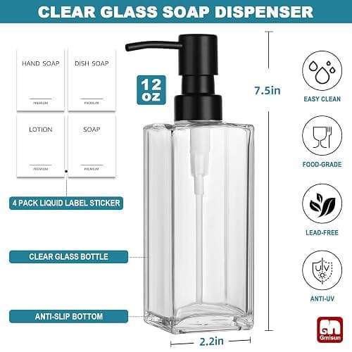 GMISUN Glass Soap Dispenser with Stainless Steel Pump, Clear Hand Soap Dispenser for Bathroom, 12 fl oz/350ml Hand and Dish Soap Dispensers Set for Kitchen, Refillable Liquid Soap and Lotion Bottle thumbnail 3