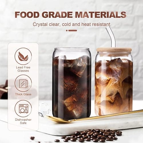 DWTS DANWEITESI Iced Coffee Cups with Lids 2 pcs,16 oz Glass Cups with Lids and Straws as Coffee Bar Accessories,Beer Drinking Glasses,Reusable Glass Tumbler,Cute Coffee Cups for Coffee, Juice, Gifts thumbnail 4