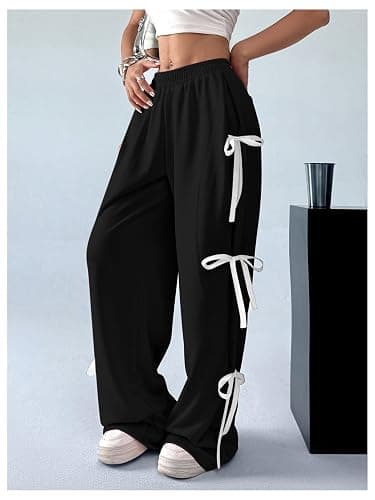 Verdusa Women's Baggy Sweatpants Elastic Waist Casual Bow Wide Leg Pants with Pocket Y2K Going Out Travel Pants thumbnail 4