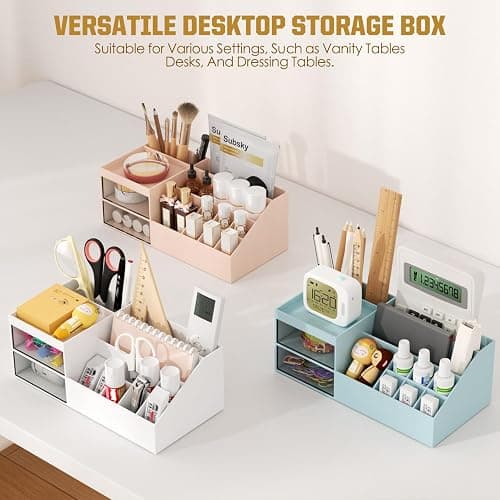 Subsky Make up Organizer mit Schubladen, Multifunktion Schminktisch Organizer Einfache Aufbewahrung für Make-Up Pinsel Wattepads, Schreibtisch Organizer für Dresser Skincare Weiß thumbnail 5
