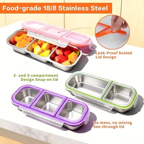 YJSLICT 4 Pack Stainless Steel Snack Containers with Lids, 3-Compartments Reusable Lunch Box for Adults, Food Storage Containers Divided Meal Prep Box for Home, Work, Travel thumbnail 4