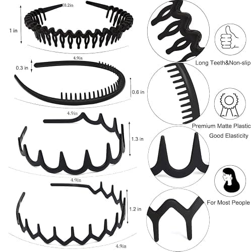 ULTIMUTE 8 PCS Fashion No Slip Effortless Plastic Headbands with Teeth Comb Black Skinny Hair Accessories Bands for Women Men Teen Girls, Matte Black thumbnail 2