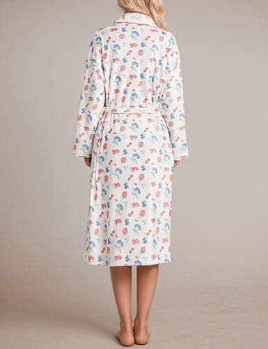 TIKITIDES Women Fleece Floral Fruit Print Bathrobe Soft Flannel Lounge Robe Cute Fall Robe Lightweight Warm Gown with Belt thumbnail 5