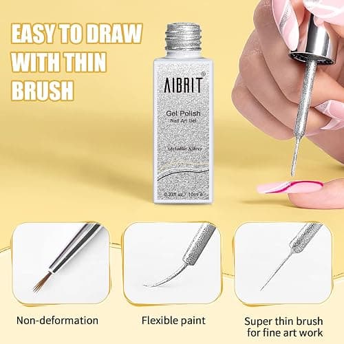 Gel Liner Art Polish Set 10ml, 4 Colors Black White Gold Silver Design Paint with Thin Brush in Bottle for Swirl/ Euphoria French Tips Manicure Painting DIY at Home thumbnail 3